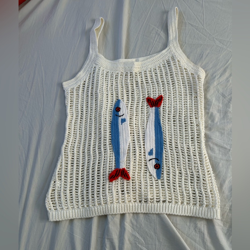 STAUD White Crochet Open-Knit Top